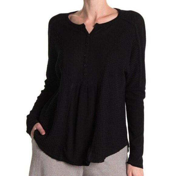 NEW Gibson Look Nordstom XS Crew Neck Mixed Waffle Knit Top in Black - Picture 1 of 11